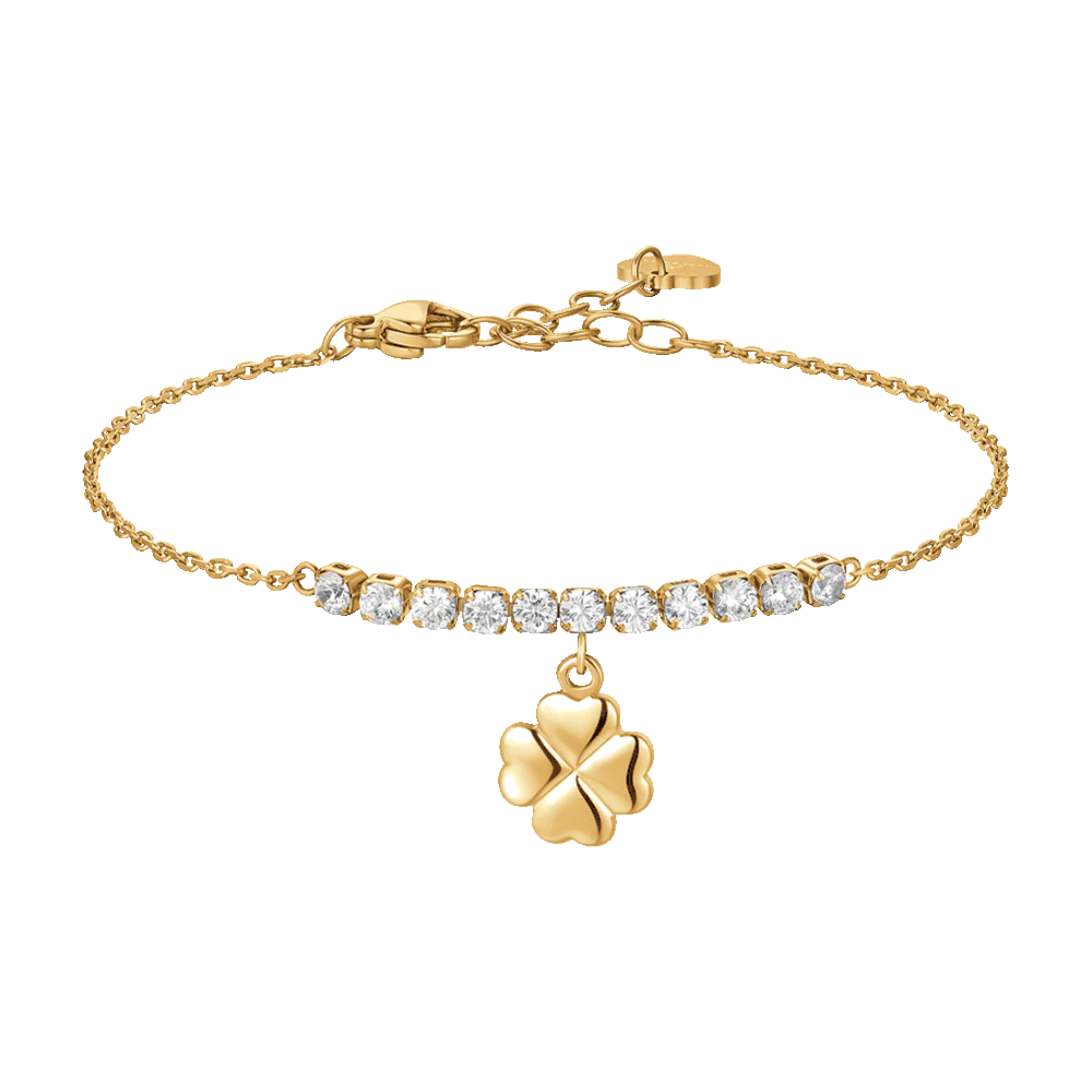 BRACCIALE DONNA IN ACCIAIO IP GOLD CON QUADRIFOGLIO E ZIRCONI BIANCHI