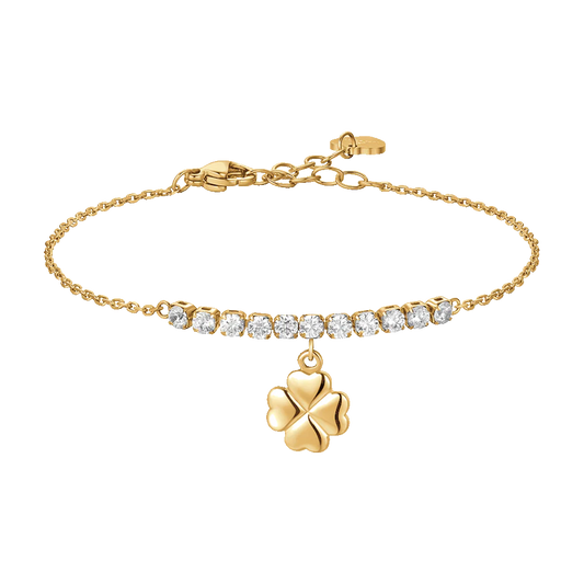 BRACCIALE DONNA IN ACCIAIO IP GOLD CON QUADRIFOGLIO E ZIRCONI BIANCHI
