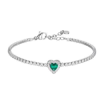 BRACCIALE TENNIS DONNA IN ACCIAIO CON CUORE CON ZIRCONI VERDI E BIANCHI