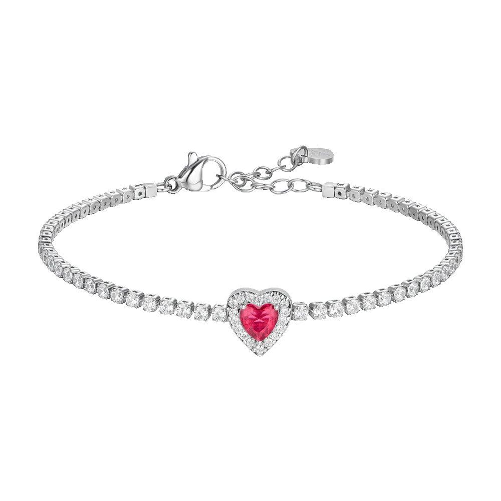 BRACCIALE TENNIS DONNA IN ACCIAIO CON CUORE CON ZIRCONI ROSSI E BIANCHI