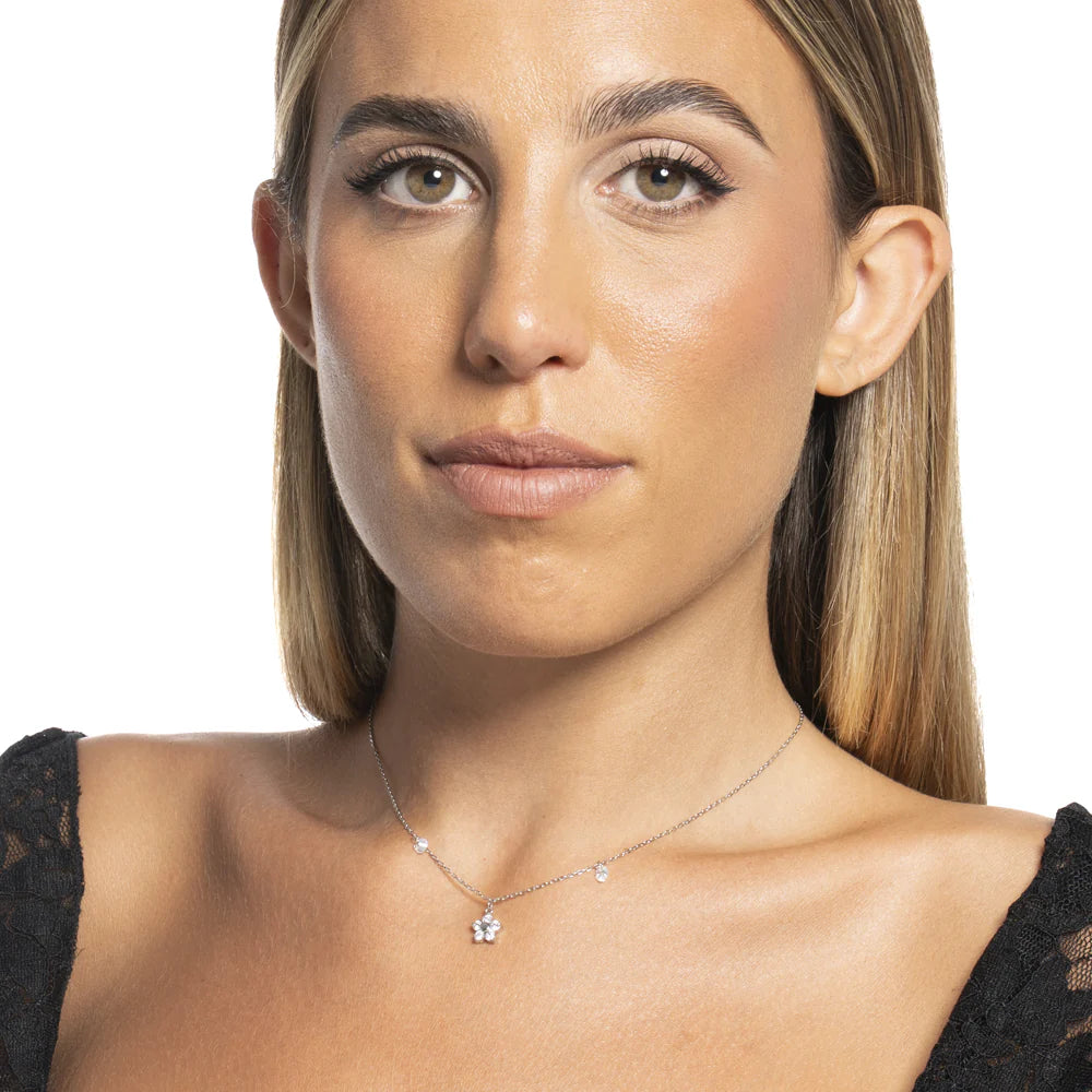 COLLANA DONNA IN ACCIAIO CON PENDENTE FIORE CON E PETALI ZIRCONE BIANCO