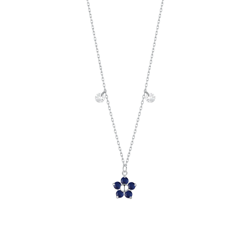 COLLANA DONNA IN ACCIAIO CON PENDENTE FIORE CON E PETALI ZIRCONE BLU
