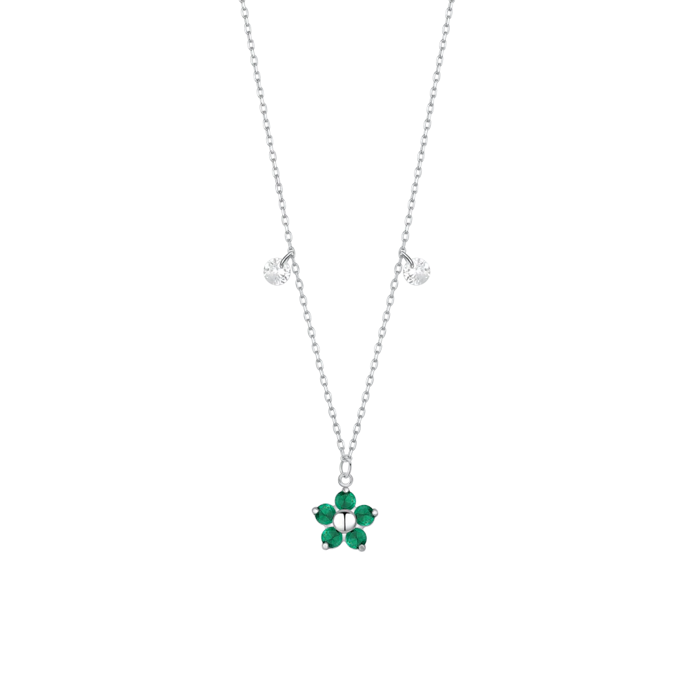 COLLANA DONNA IN ACCIAIO CON PENDENTE FIORE CON E PETALI ZIRCONE VERDE