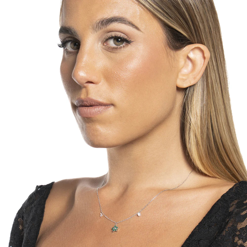 COLLANA DONNA IN ACCIAIO CON PENDENTE FIORE CON E PETALI ZIRCONE VERDE