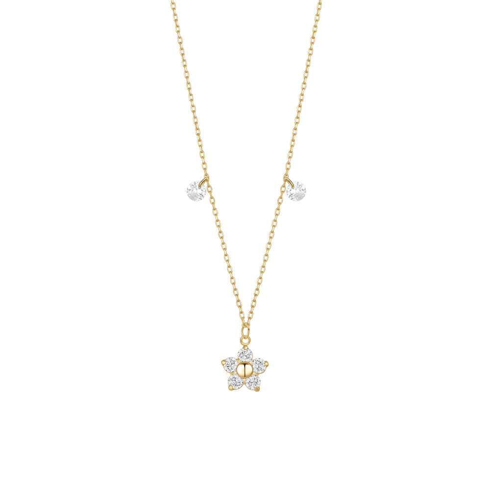 COLLANA DONNA IN ACCIAIO CON PENDENTE FIORE CON E PETALI ZIRCONE BIANCO COLORE ORO