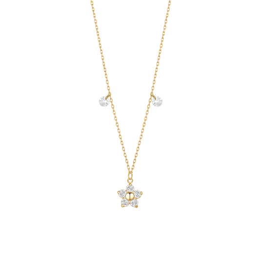 COLLANA DONNA IN ACCIAIO CON PENDENTE FIORE CON E PETALI ZIRCONE BIANCO COLORE ORO