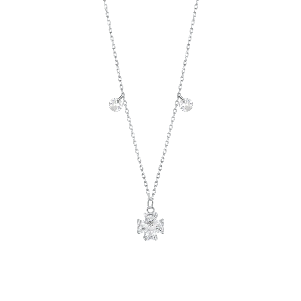 COLLANA IN ACCIAIO CON QUADRIFOGLIO E PETALI ZIRCONE BIANCO