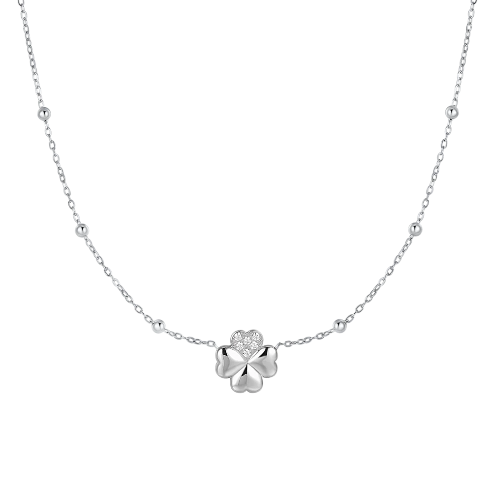 COLLANA DONNA IN ACCIAIO CON QUADRIFOGLIO E PUNTI LUCE IN ZIRCONE BIANCO