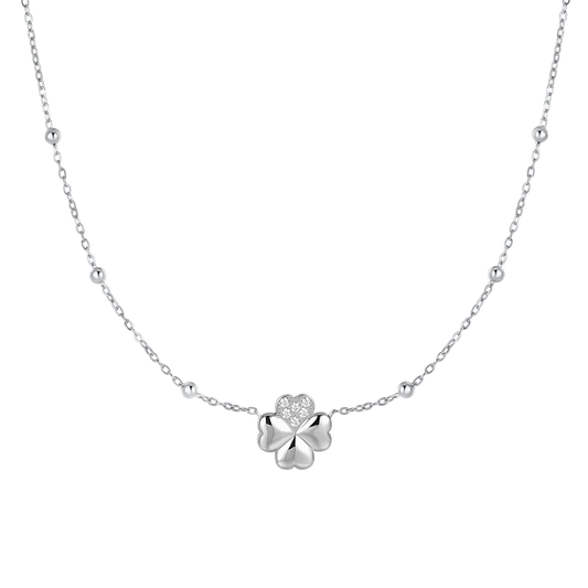 COLLANA DONNA IN ACCIAIO CON QUADRIFOGLIO E PUNTI LUCE IN ZIRCONE BIANCO
