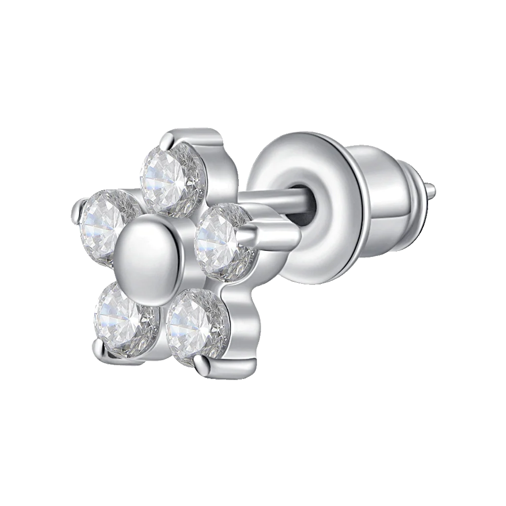 MONO ORECCHINO DONNA IN ACCIAIO CON FIORE E PETALI ZIRCONE BIANCO