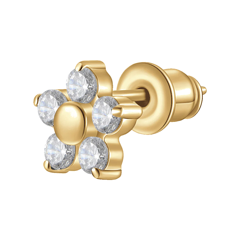 MONO ORECCHINO DONNA IN ACCIAIO CON FIORE E PETALI ZIRCONE BIANCO COLORE ORO