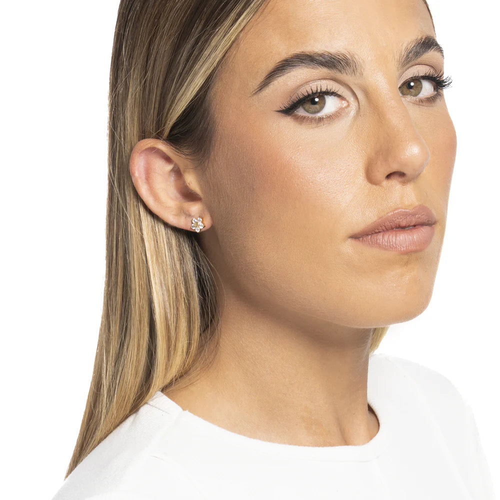 MONO ORECCHINO DONNA IN ACCIAIO CON FIORE E PETALI ZIRCONE BIANCO COLORE ORO