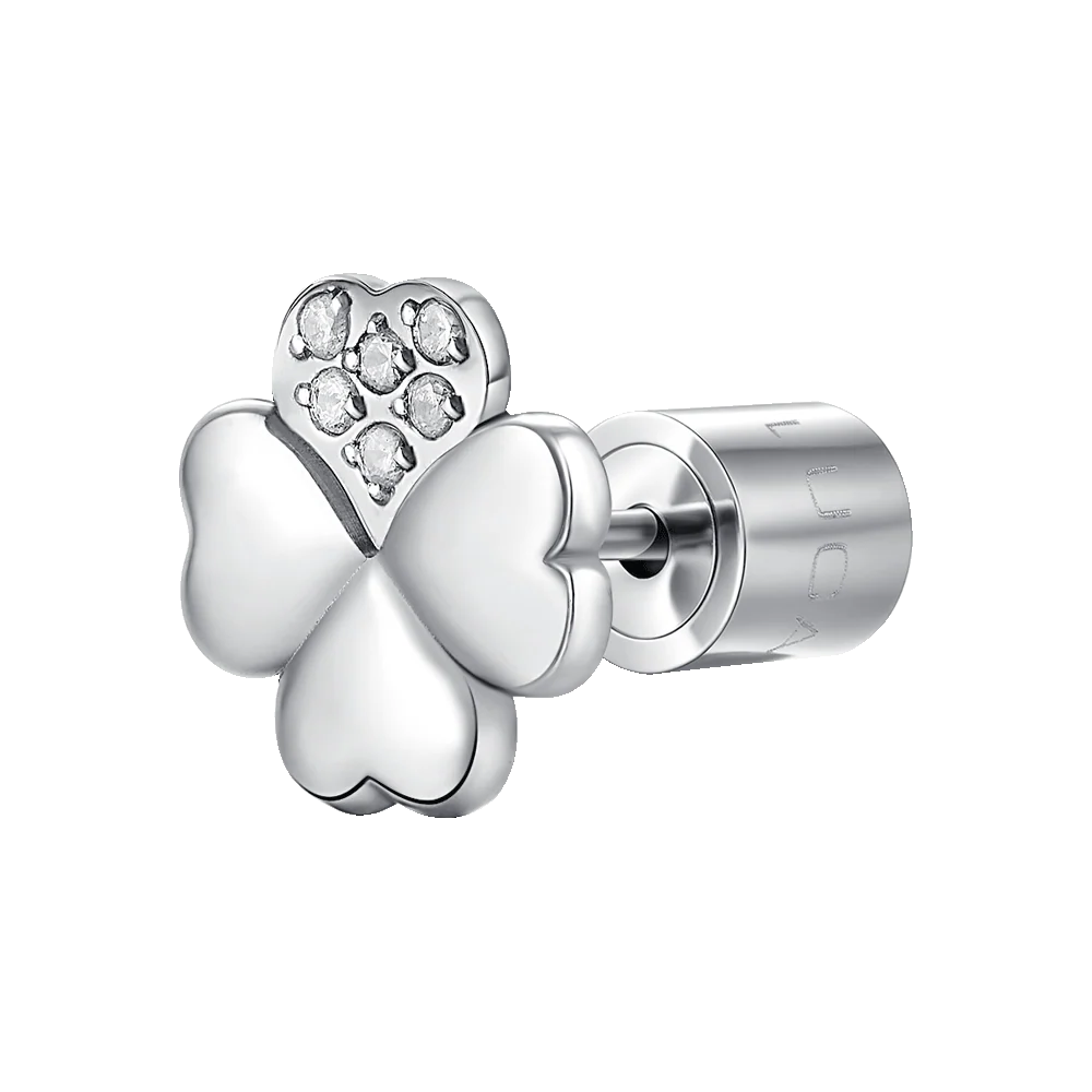 MONO ORECCHINO DONNA IN ACCIAIO CON QUADRIFOGLIO CON PETALO CON PUNTI LUCE ZIRCONE BIANCO