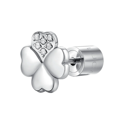 MONO ORECCHINO DONNA IN ACCIAIO CON QUADRIFOGLIO CON PETALO CON PUNTI LUCE ZIRCONE BIANCO