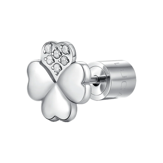 MONO ORECCHINO DONNA IN ACCIAIO CON QUADRIFOGLIO CON PETALO CON PUNTI LUCE ZIRCONE BIANCO