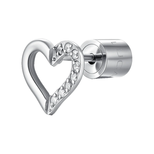 MONO ORECCHINO DONNA IN ACCIAIO CON CUORE CON PETALO CON PUNTI LUCE ZIRCONE BIANCO