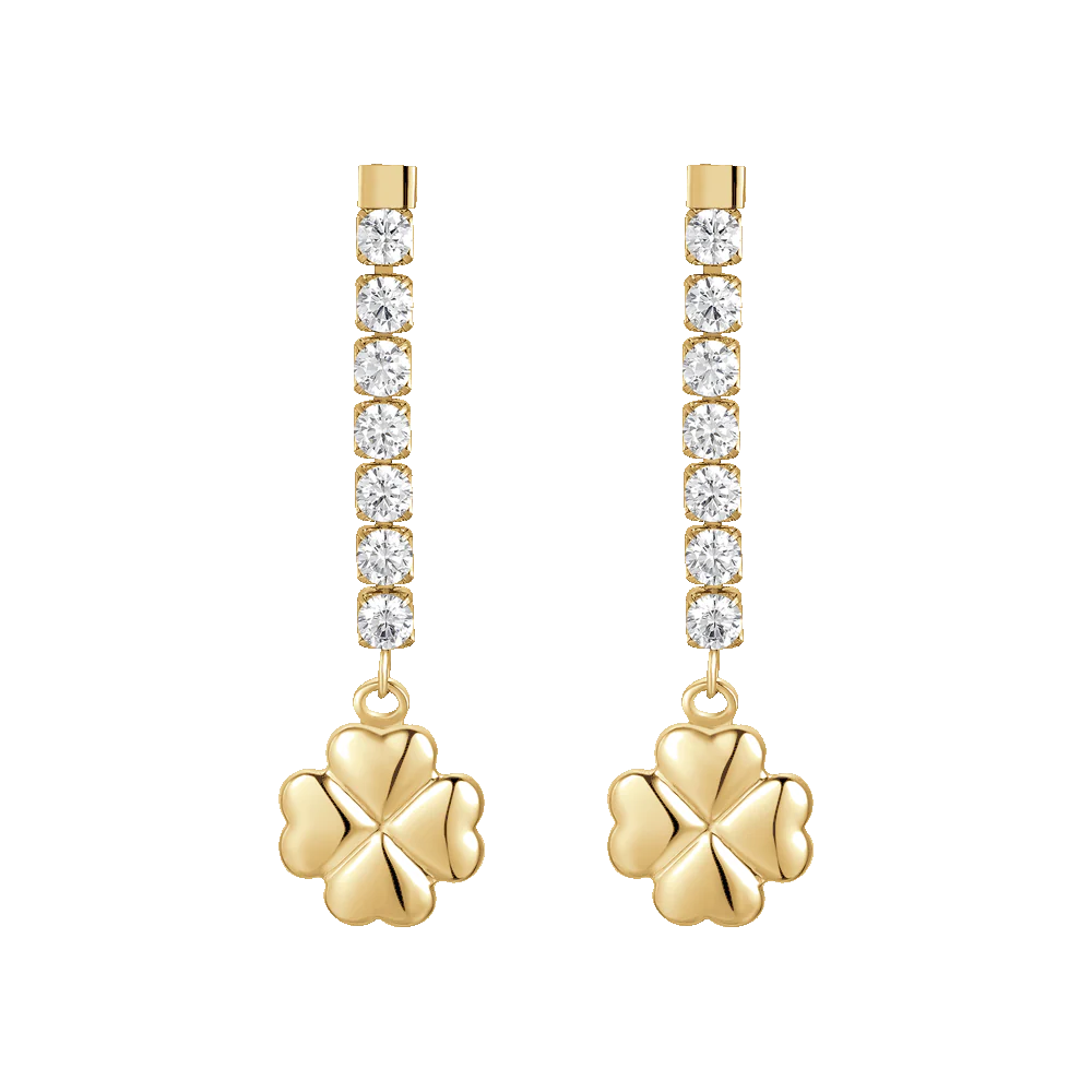 ORECCHINI DONNA IN ACCIAIO IP GOLD CON QUADRIFOGLIO E ZIRCONI BIANCHI