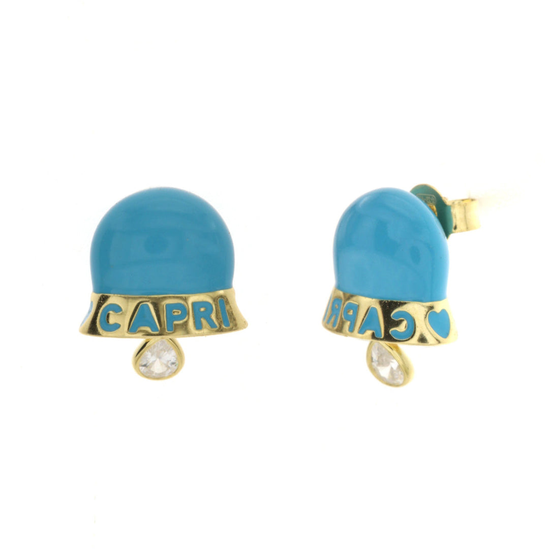 Orecchini in Argento 925 a campanella portafortuna con smalto azzurro e scritta Capri