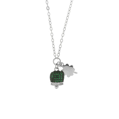 Collana in Argento 925 campanella portafortuna con quadrifoglio e cubic zirconi verdi