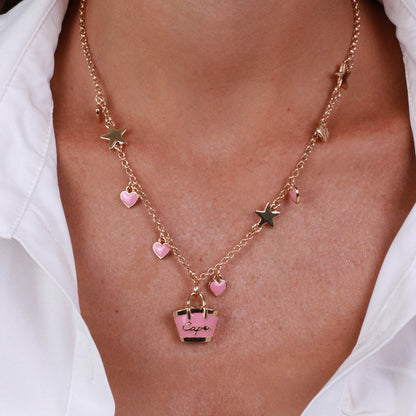 Collana in Metallo con borsa e cuori rosa Amocapri