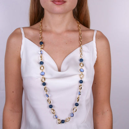 Collana in Metallo con catena e perle e cristalli blu Amovenezia