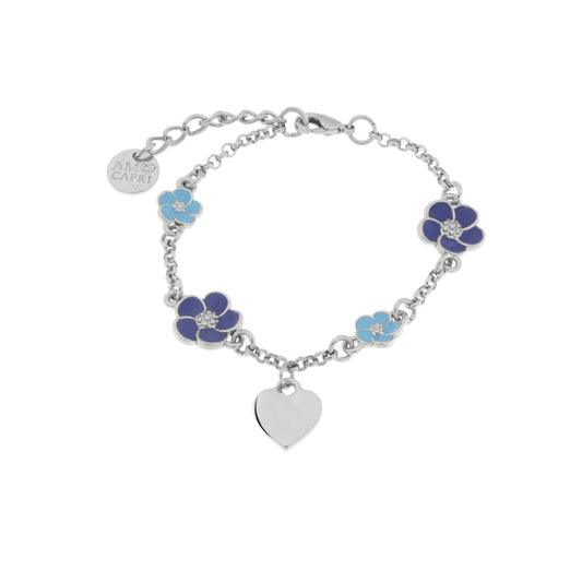 Bracciale in Metallo con fiori blu e cuore pendente