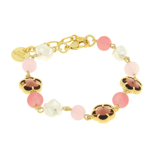 Bracciale in Metallo con cristalli a a forma di fiore rosa e perle Amovenezia