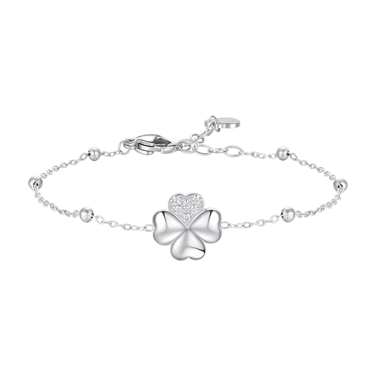 BRACCIALE DONNA IN ACCIAIO CON QUADRIFOGLIO E PUNTI LUCE DI ZIRCONE BIANCO