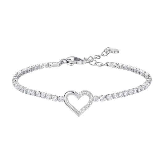 BRACCIALE TENNIS DONNA IN ACCIAIO CON CUORE E PUNTI LUCE DI ZIRCONE BIANCO