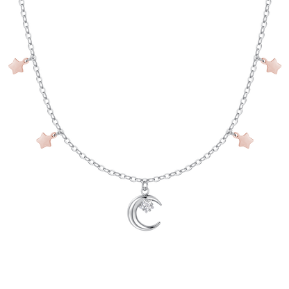 COLLANA DONNA IN ACCIAIO, LUNA CON ZIRCONE BIANCO E STELLE