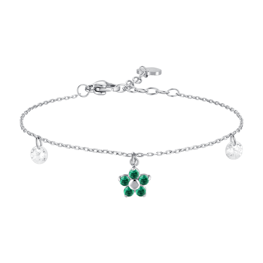BRACCIALE DONNA IN ACCIAIO CON PENDENTE FIORE E PETALI ZIRCONE VERDE