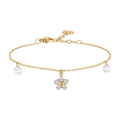 BRACCIALE DONNA IN ACCIAIO COLORE ORO CON PENDENTE FIORE E ZIRCONI BIANCHI