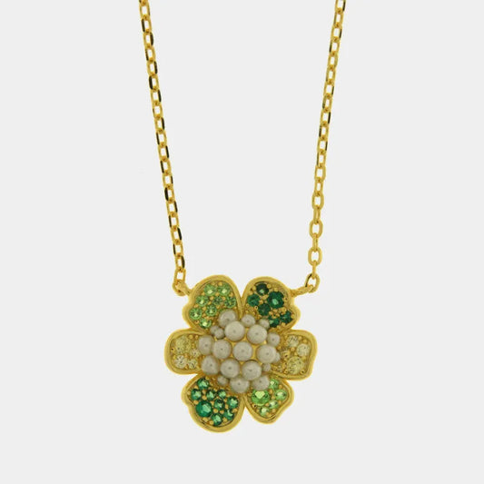 Collana in Argento 925 fiore verde zirconato con perle