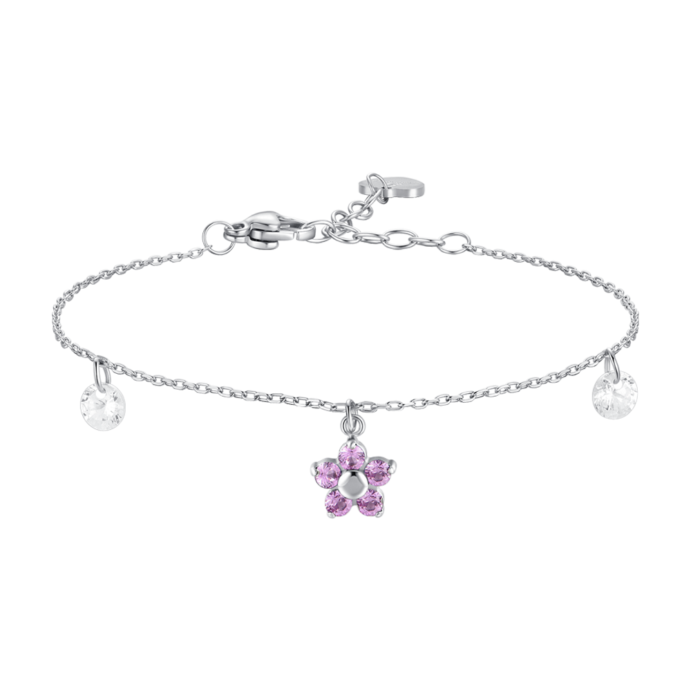 BRACCIALE DONNA IN ACCIAIO CON PENDENTE FIORE E PETALI ZIRCONE ROSA