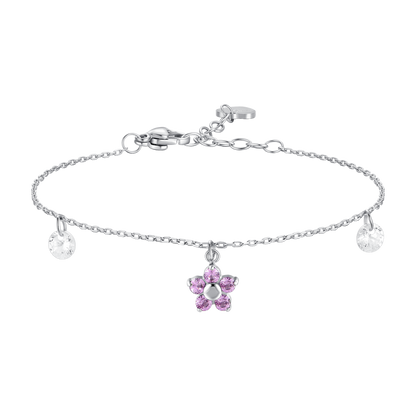 BRACCIALE DONNA IN ACCIAIO CON PENDENTE FIORE E PETALI ZIRCONE ROSA