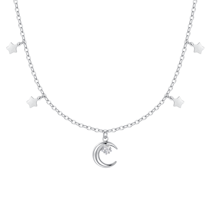 COLLANA DONNA IN ACCIAIO, LUNA CON ZIRCONE BIANCO E STELLE