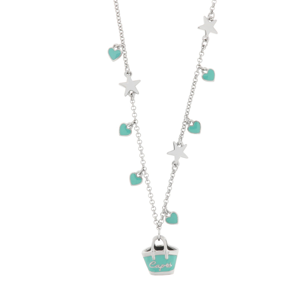 Collana in Metallo con borsa azzurra Capri e cuori