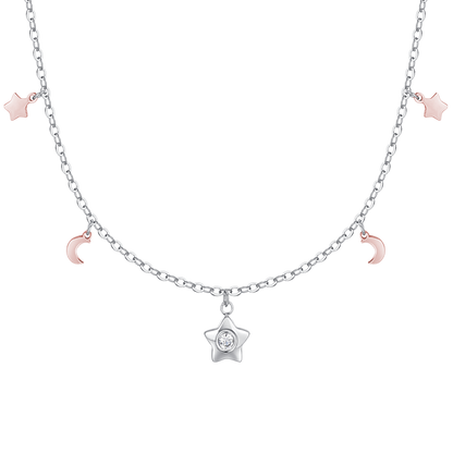 COLLANA DONNA IN ACCIAIO, STELLA CON ZIRCONE BIANCO, LUNE E STELLE IP ROSE