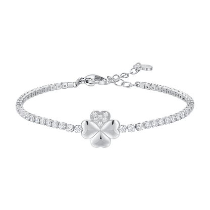 BRACCIALE TENNIS DONNA IN ACCIAIO CON QUADRIFOGLIO E PUNTI LUCE ZIRCONE BIANCO