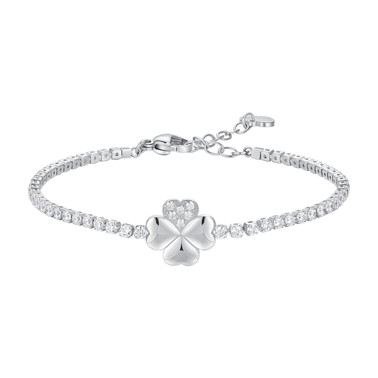 BRACCIALE TENNIS DONNA IN ACCIAIO CON QUADRIFOGLIO E PUNTI LUCE ZIRCONE BIANCO