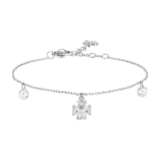 BRACCIALE DONNA CON PENDENTE QUADRIFOGLIO CON PETALI ZIRCONE BIANCO